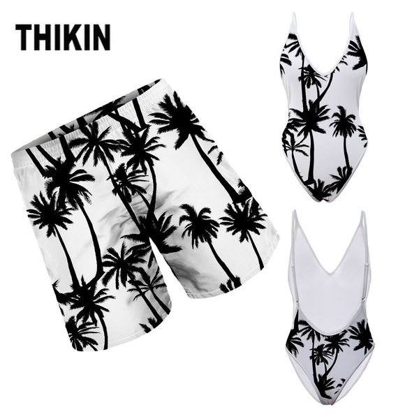 

thikin hawaii coconut tree pattern couple swimsuits woman deep v monokini men beach shorts adults summer bathing beachwear, White;black