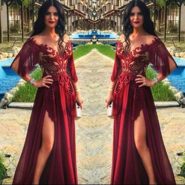 

2020 arabic burgundy prom dresses scoop sheer neck high side slit short sleeves lace applique chiffon evening gown formal occasion wear, Black