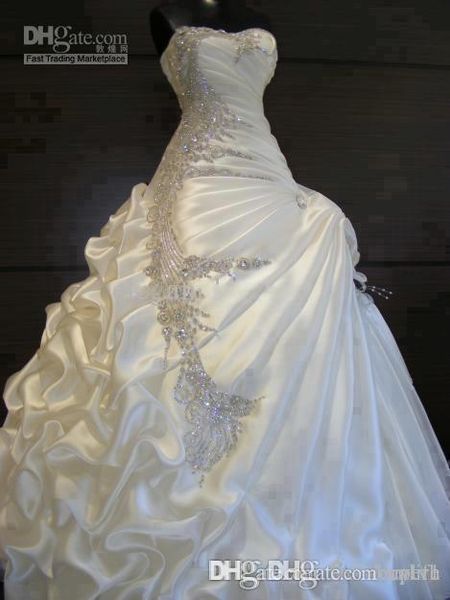 

real ps satin vintage ball gown ruffles sweetheart strapless crystal wedding dresses bridal gown beautiful stunning wedding gowns 2019, White