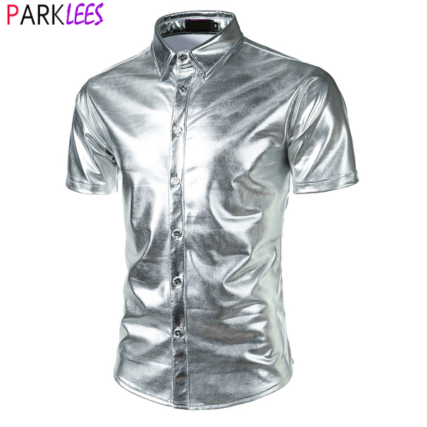 

men's casual shirts silver metallic glitter shirt for men 2021 70's disco performance costume chemise halloween christmas party st, White;black