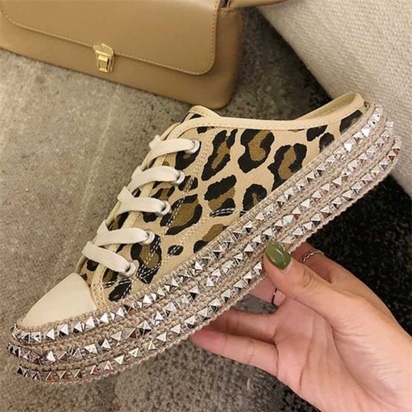

sneakers woman 2020 new rivets leopard print women canvas half slippers fashion women round head casual shoes plus size, Black
