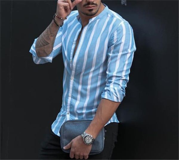 

spring mens designer shirts fashion casual stripe printed long sleeve stand neck shirts mens clothing, White;black