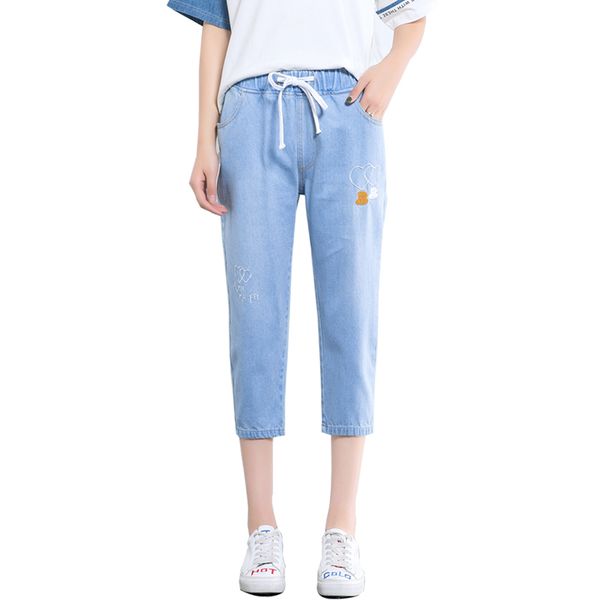 

summer cute cartoon embroidery denim girls pants high waist cotton student calf-length pants elastic tie waist denim hot, Black;white