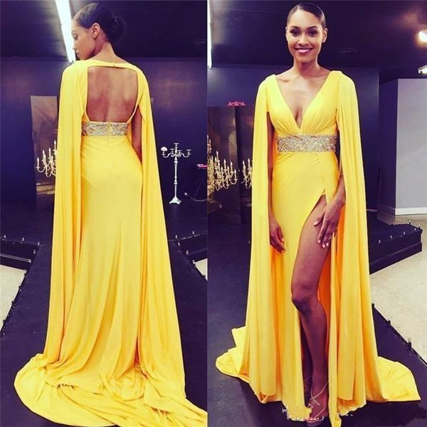 

New Sexy Deep V Neck Open-Back Evening Dresses 2019 Yellow High Split Formal Celebrity Red Carpet Dress with Cape Long Evening Gowns