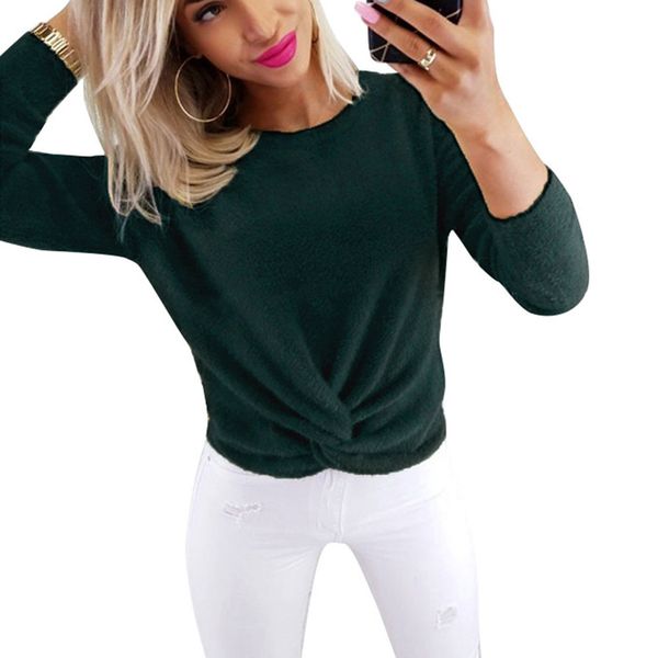

fashion women sweatshirts casual solid color plush twist knot slim short sweatshirts autumn female lady pullovers 19ing, Black