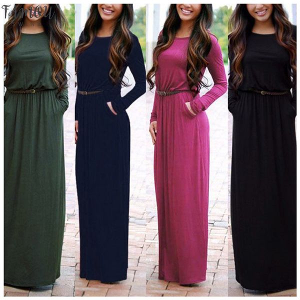 

урожай vestidos лонго платья женщины макси платье полное рукава повседневные платья осень линия твердая ropa mujer длинное платье, Black;gray