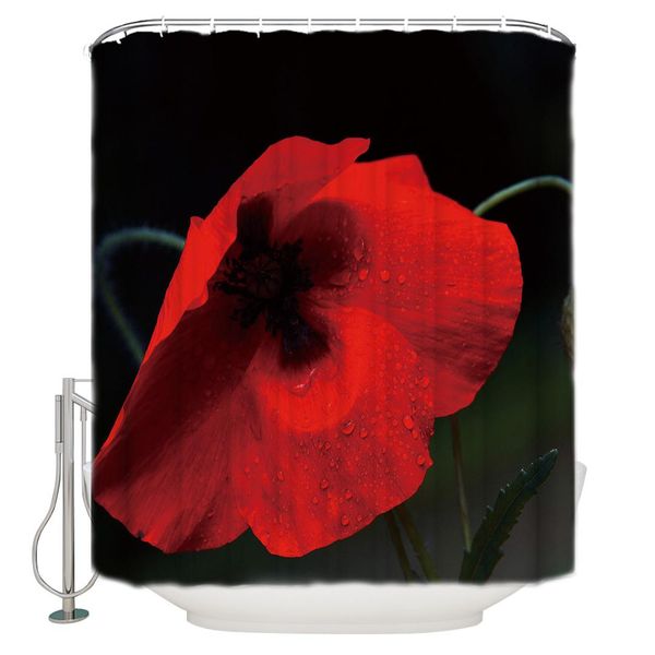 

red poppy close-up polyester fabric bathroom shower curtain with hooks