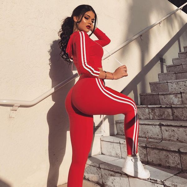 

2019 autumn hooded drawstring bandage rompers womens jumpsuit high waist pants fashion casual sports suit fitness two piece set, Black;white