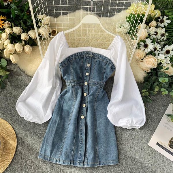 

2020 summer new square collar lantern sleeve buttoned denim patchwork dress dress women elegant korea elastic waist dresses t081, Black;gray