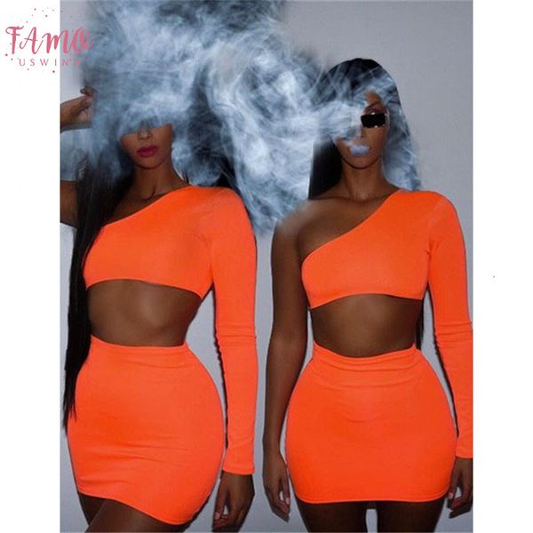 

women neon bodycon 2 piece set summer high street night out club outfits matching short sets crop skirt az08, White