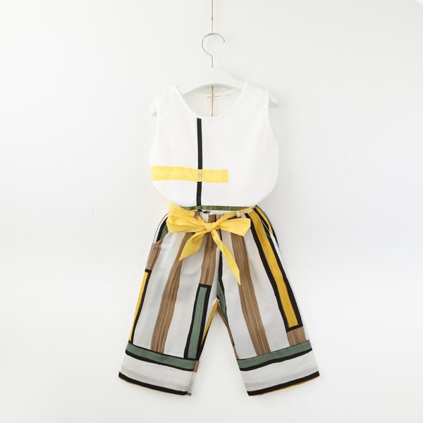 

girls outfits 2pcs clothing sets girl geometric printed vest+stripe loose pants suits designer clothes baby tracksuit kids boutique clothing, White