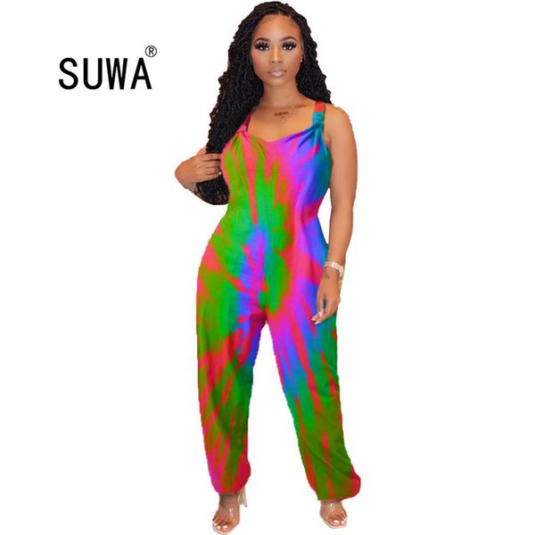 

2020 recommend sling tie-dye v-neck jumpsuits bohemia style lady fashion bodysuits beach style women playsuits, Black;white