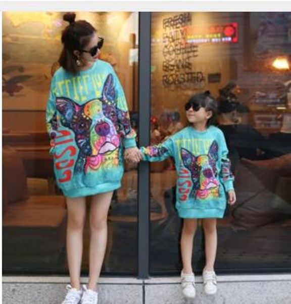 

mother daughter sweatshirts 2019 autumn winter family matching outfits cute dog print long sleeve family look matching clothes, Blue
