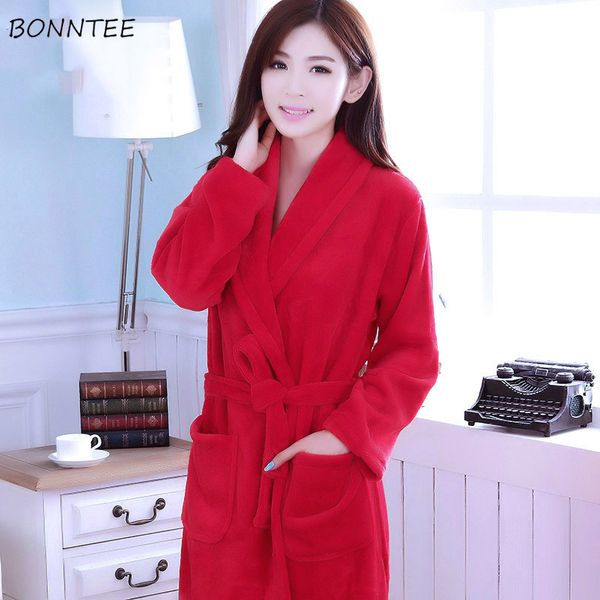 

robes women new long sleeve warm flannel loose printing thicker solid pocket womens bathrobe trendy korean style kawaii homewear, Black;red