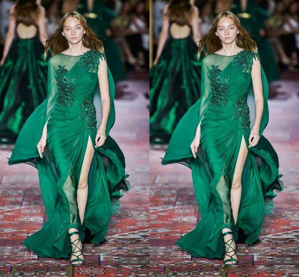 

zuhair murad 2020 новая коллекция темно-зеленые платья выпускного вечера с длинным рукавом экипаж шеи шифон развертки поезд формальное случа, Black