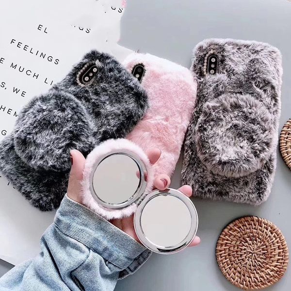 

plush mobile phone case for 11 plush autumn and winter protective cover 11pro makeup mirror mobile phone sets custom