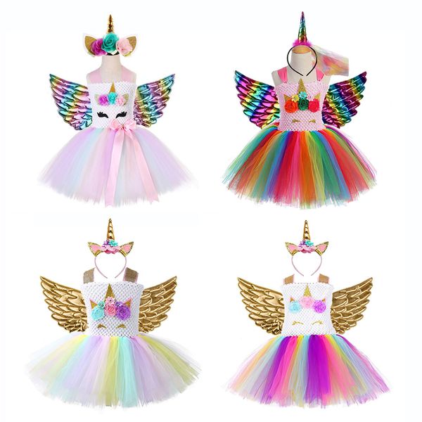 

rainbow princess children unicorn dress girl unicorn christmas tutu dress flower girl party dress with unicorn headband wing set, Red;yellow