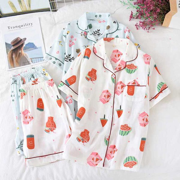 

japanese spring summer pajamas women cotton gauze thin loose home service short sleeve shorts suit students pijamas sleepwear, Blue;gray
