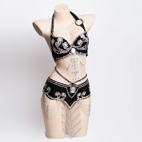 

new women's belly dance set costume belly dancing clothes night dance bellydance carnival chain bra belt 181070, Black;red