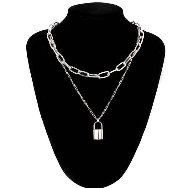 

fashion lock chain necklace punk chain silver padlock pendant necklace women trendy gothic jewelry goth accessories, Golden;silver