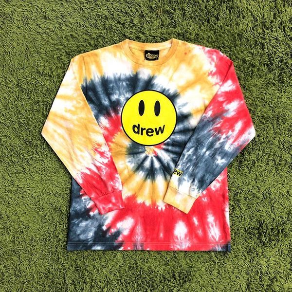 

the drew house drew smile face printed tie-dye long sleeve t shirts tees hiphop streetwear oversized t shirt, White;black