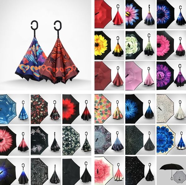 

fashion creative inverted umbrellas fashion double layer with c handle inside out reverse windproof outdoor car umbrellas 5065