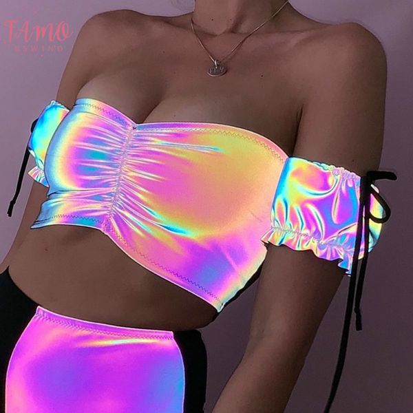 

2020 summer colorful reflective t shirts women off shoulder low bust pleated ruched lace up cropped tee shirt, White
