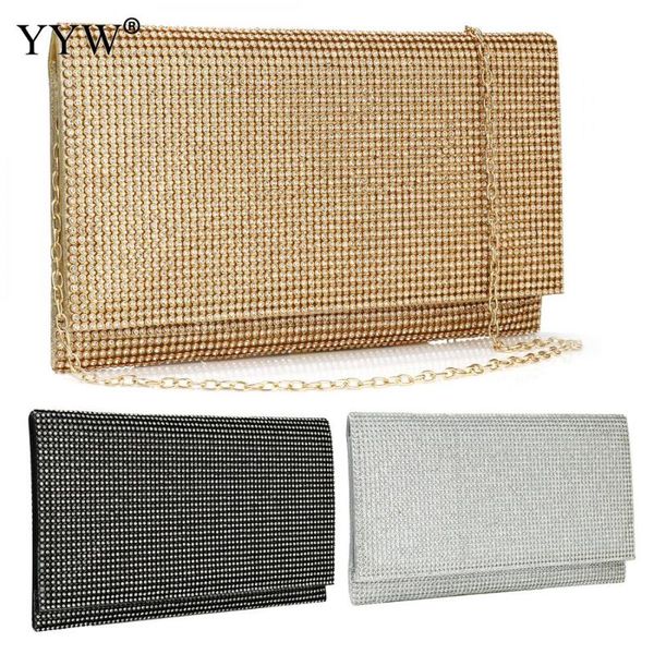 

new woman bling rhinestone evening cluth bag with chain black silver female envelope party fashion shoulder bag