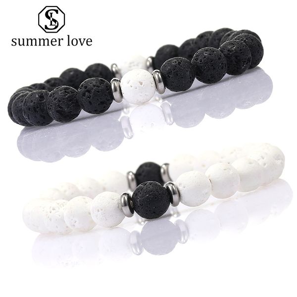 

new arrival 8mm black white lava stone beads bracelet for women men handmade elastic natural stone couple bracelet jewelry gift