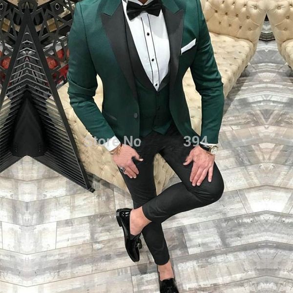High Quality One Button Dark Green Groom Tuxedos Peak Lapel Men Suits Wedding/Prom/Dinner Best Man Blazer (Jacket+Pants+Vest+Tie) W405