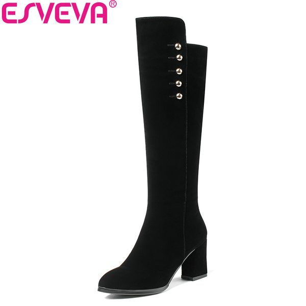 

esveva 2018 out door short plush pointed toe women boots knee-high boots square high heel western style ladies shoes size 34-40, Black