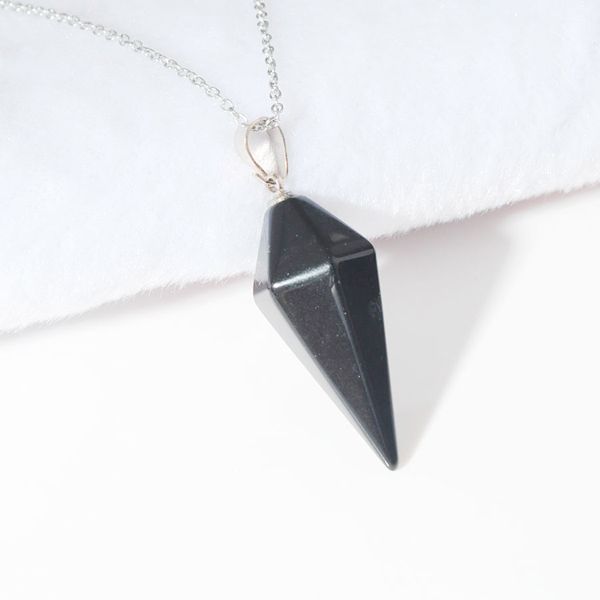 

wojiaer hexagonal pyramid pendant necklace natural black agate gem stone reiki chakra dangle beads jewelry dn3484, Silver
