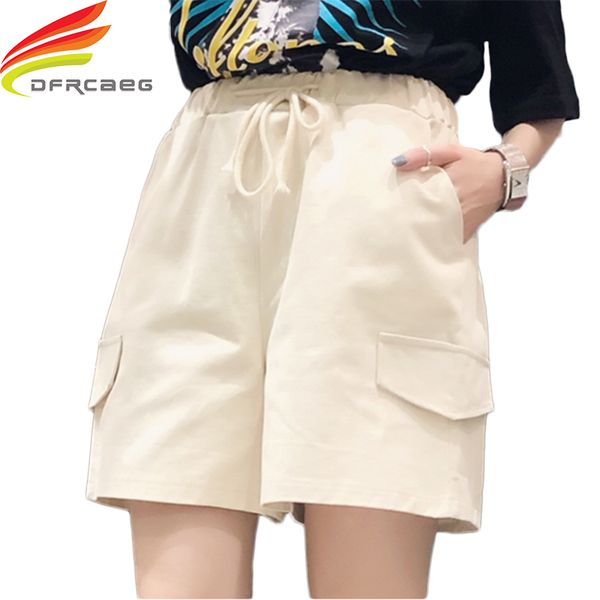 

summer women shorts loose high elastic waist pockets pantalones mujer fashion wide leg short pants all-match 2 colors shorts, White;black