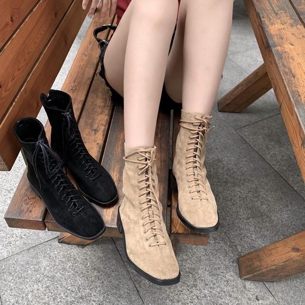 

zipper woman flat boots women's shoes platform chunky heel leather booties winter footwear boots-women round toe lace up low, Black