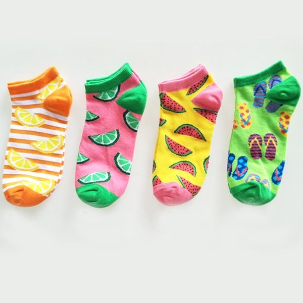 

cartoon fruit lemon watermelon beach shoes cute women low cut boat socks fashion stripe funny harajuku cotton invisible socks, Black;white