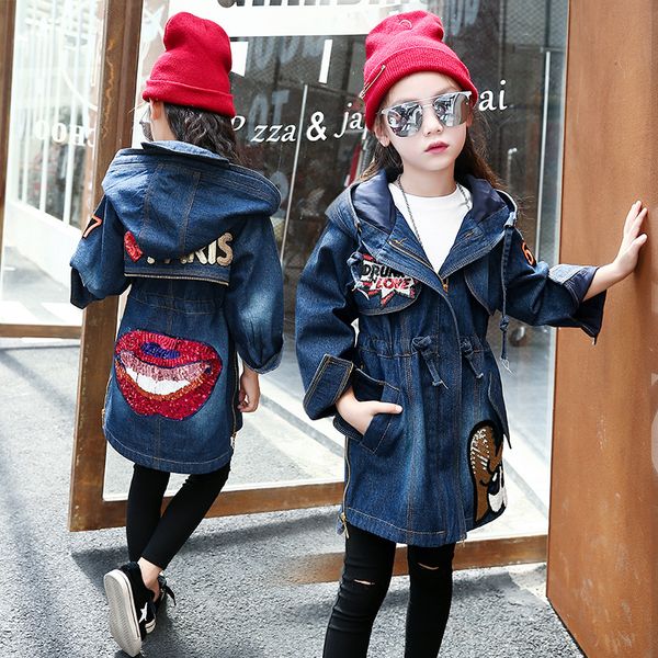 

girl long jacket in korean style fashion cartoon letter design coat kids girl clothes for teenagers in size 4-14y, Blue;gray