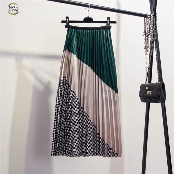

2019 spring new-coming europen color matching plaid pleated skirt high street style mid-calf empire striped women skirts, Black
