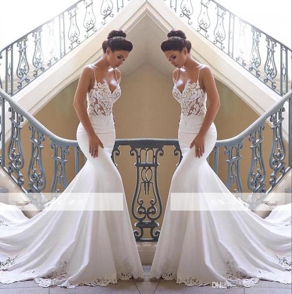 

2019 paghetti trap lace mermaid wedding dre e atin lace applique weep train bridal gown bride wedding dre formal gown