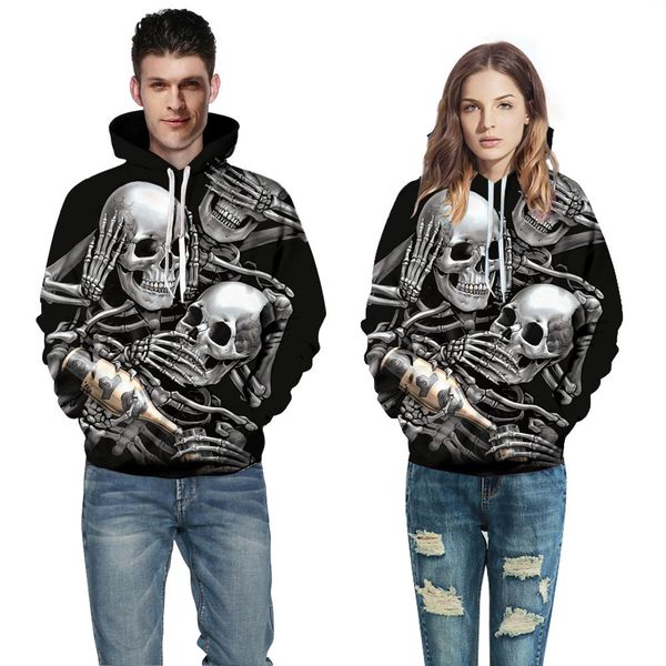 

men women sweatshirt hoodies gothic modis skull 3d print long sleeve couples halloween costumes hoodies blouse moletom 2019, Black