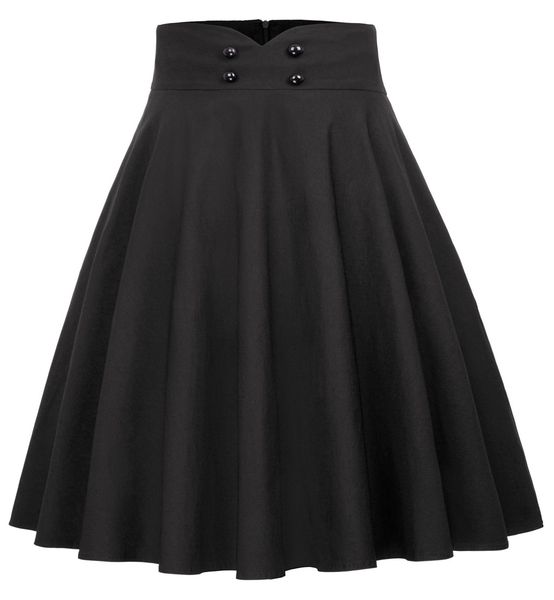 

women ol ladies skirts high waist pleated pearl studded party flare a-line skirt black/navy blue buttons pockets decor skirts, Black;gray