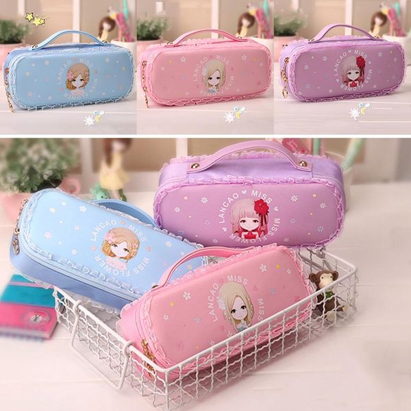 

kawaii pu leather flower girls pencil case for kids cute large capacity pen bag stationery pouch office school supplies material