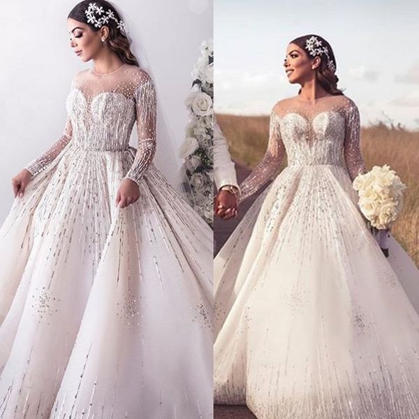 

ball gown wedding dresses rhinestone applique pearls jewel bride gowns sweep tarin long sleeves vestidos de novia, White