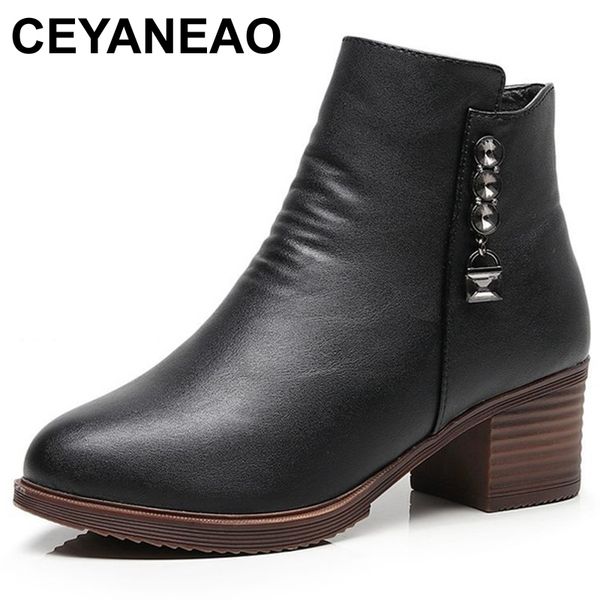 

ceyaneao2018women fashion boots ladies leather thick round toe high heels ankle boots female autumn winter plus velvet shoese877, Black