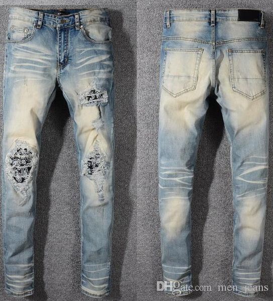 

new tide brand hole air leakage straight leg slim stretch jeans designer apparel mens pants fashion trousers, Blue