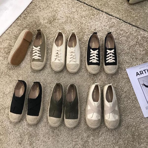 

round-toed canvas shoes elastic band low-shoes straw fisherman casual lazy flat espadrilles casual white, Black