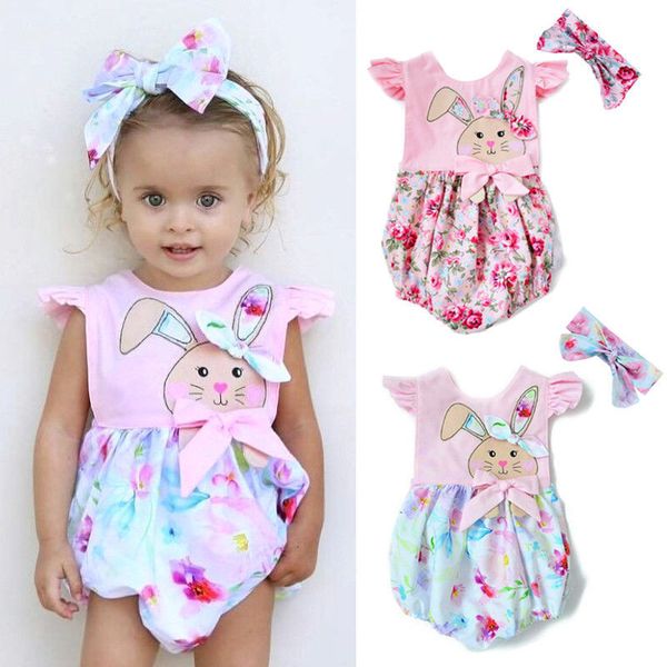 

Fashion Newborn Baby Girls Summer Sets Flying Sleeve Bunny Floral Patchwork Romper Bow Headband 2Pcs Girl Easter Clothes 0-2T