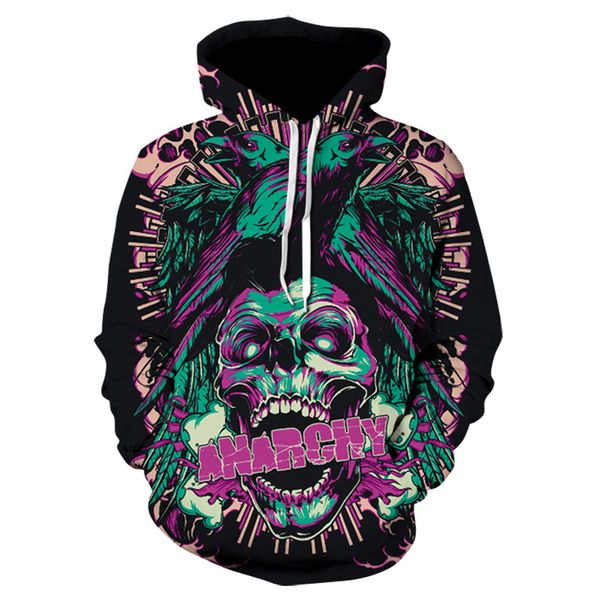 

colorful skull printed hoodies men women sweatshirts 3d novelty streetwear pullover autumn winter hip hop rock fashion jacket, Black
