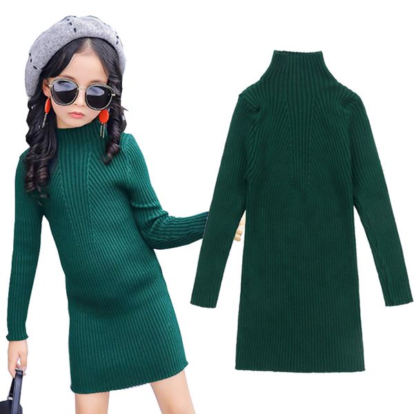 

kids little girls children winter warm green yellow school long turtleneck knitted sweater dress for teens girls princess dress, Red;yellow