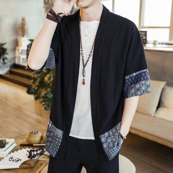 

kimono shirt men chinese streetwear vintage kimono shirt men linen cardigan plus size 5xl 2020, White;black