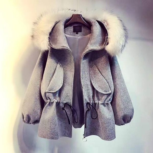 

women's wool & blends 2021 women winter clothing thicken woolen jacket female casual short loose solid coats fur collar hooded overcoat, Black